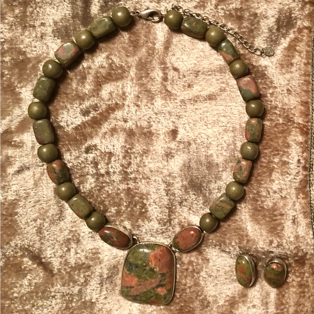Vintage Signed Best Unakite Gemstone Statement Necklace with Matching Earrings